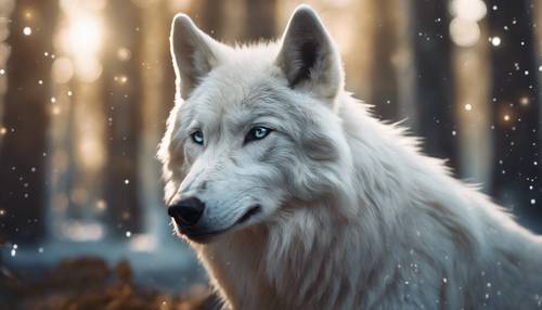 Un lobo blanco animado en un mundo de fantasía, brillando bajo una fuente de luz mística.