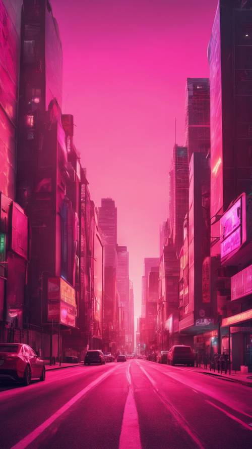 Un paesaggio urbano che si crogiola nella luce rosa neon del sole al tramonto.