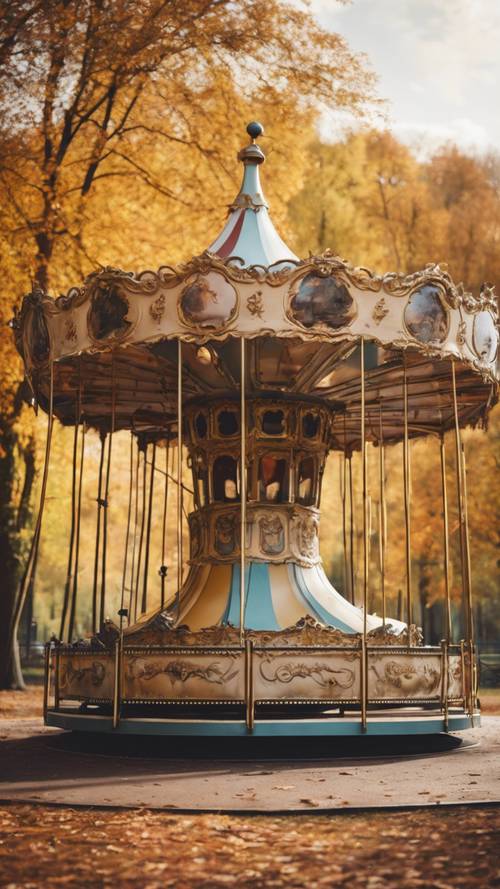 一座古老的法式旋转木马，坐落在一座被秋树环绕的热闹公园内。