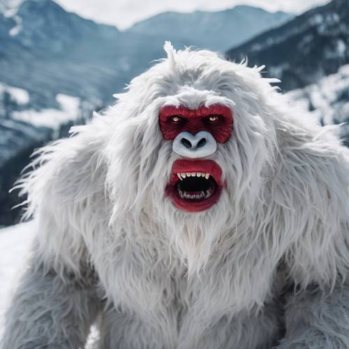 A fearsome yeti, its white fur obscenely contrasting with its scarlet surrounding, traipsing in a high-altitude, snow-bathed, alpine landscape.