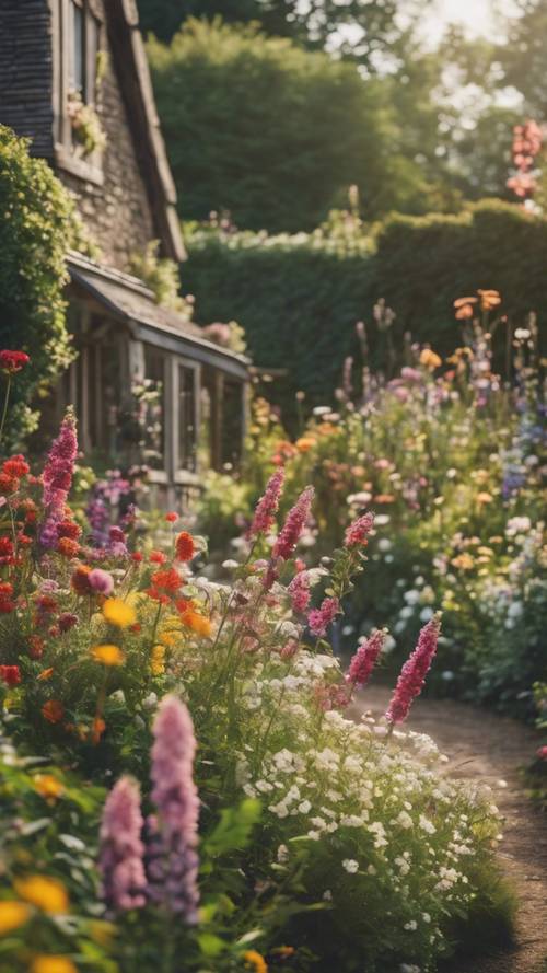 Une vue tranquille d&#39;un jardin de campagne rempli d&#39;une profusion de fleurs.