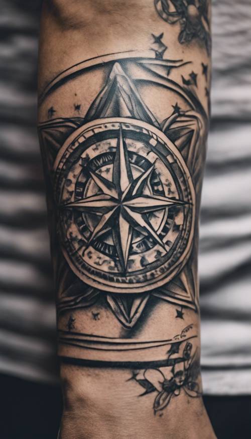 Vintage sailor with an intricate nautical star tattoo on the forearm.