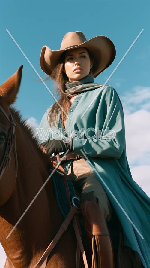 Cowgirl cavalgando sob o céu azul