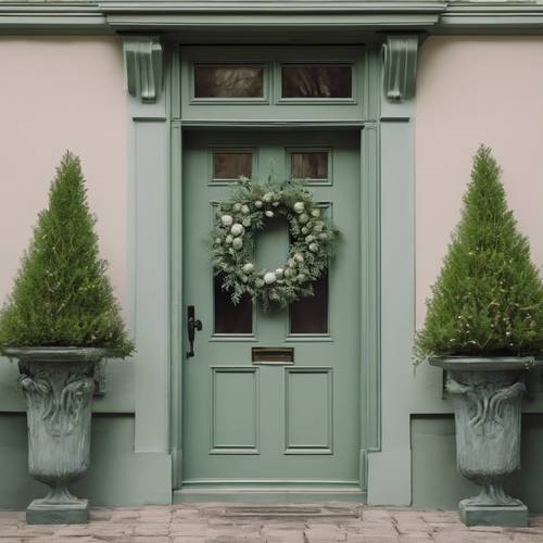 Un&#39;invitante porta d&#39;ingresso dipinta in verde salvia con una ghirlanda di benvenuto.