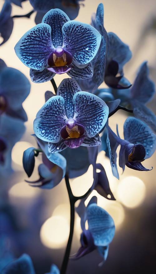 Tablica niebieskich orchidei w świetle księżyca.