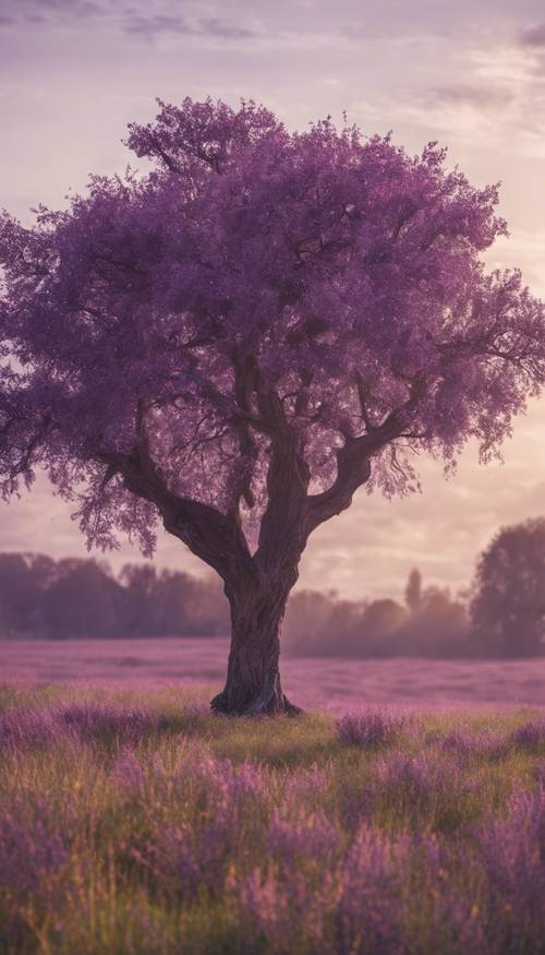 Un antiguo árbol púrpura que se encuentra solo en medio de un prado iluminado por el sol.