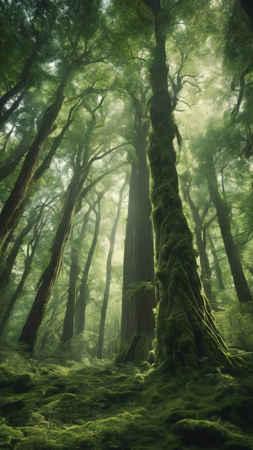 Misteriosa foresta verde scuro piena di antichi alberi imponenti.