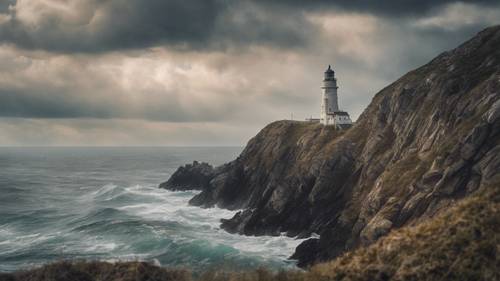 A serene image of a lighthouse on a rugged cliff against the backdrop of a stormy sea.