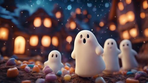 Chubby little cartoon ghosts wandering through a delightful candy-filled Halloween town under a starry sky