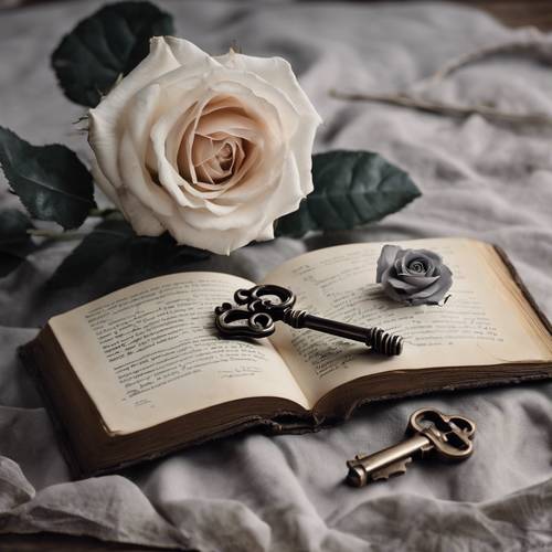 A classic still life featuring an open book, an old key, and a single gray rose.