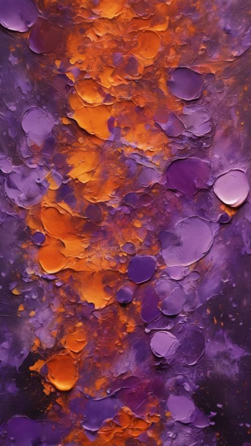 Żywy abstrakcyjny obraz zawierający odcienie chłodnego fioletu i ciepłego pomarańczu.
