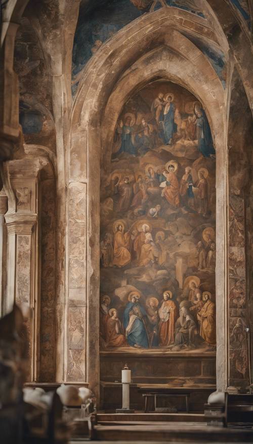 Antyczny mural ukryty w głębi starej katedry, przedstawiający postacie religijne o pogodnych wyrazach twarzy.