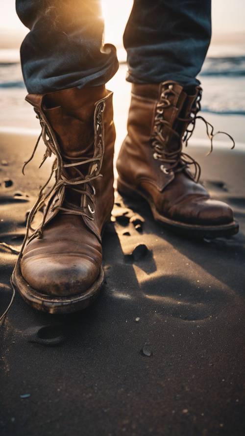 A pair of old worn-out brown boots resting on black sand at the edge of a sea at sunset. Kertas dinding [418a325ae46a4d418e6a]