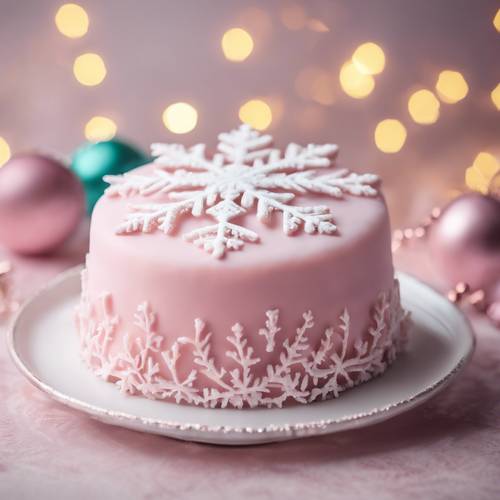 Una torta natalizia glassata color rosa pastello con un fiocco di neve bianco in pasta fondente.