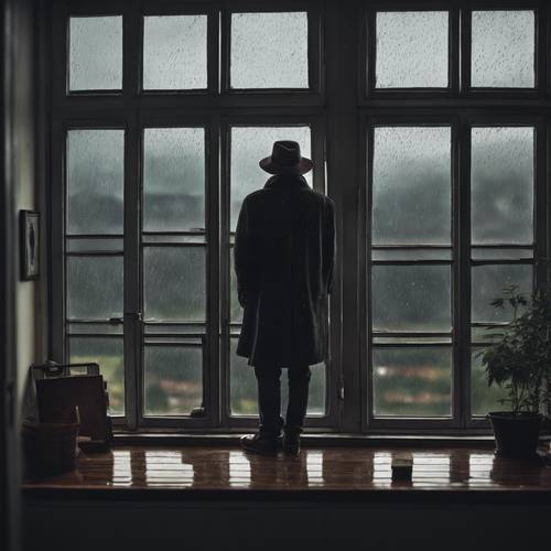 Ponury poeta obserwujący ze swojego okna na poddaszu ponurą burzę. Tapeta [629474198203477da0b9]
