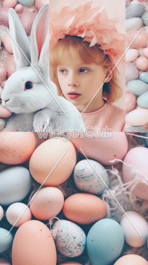 Lindo conejito de Pascua y niña con huevos coloridos