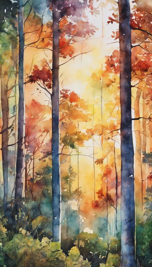 Une aquarelle murale vibrante représentant une forêt éclairée par le soleil couchant.