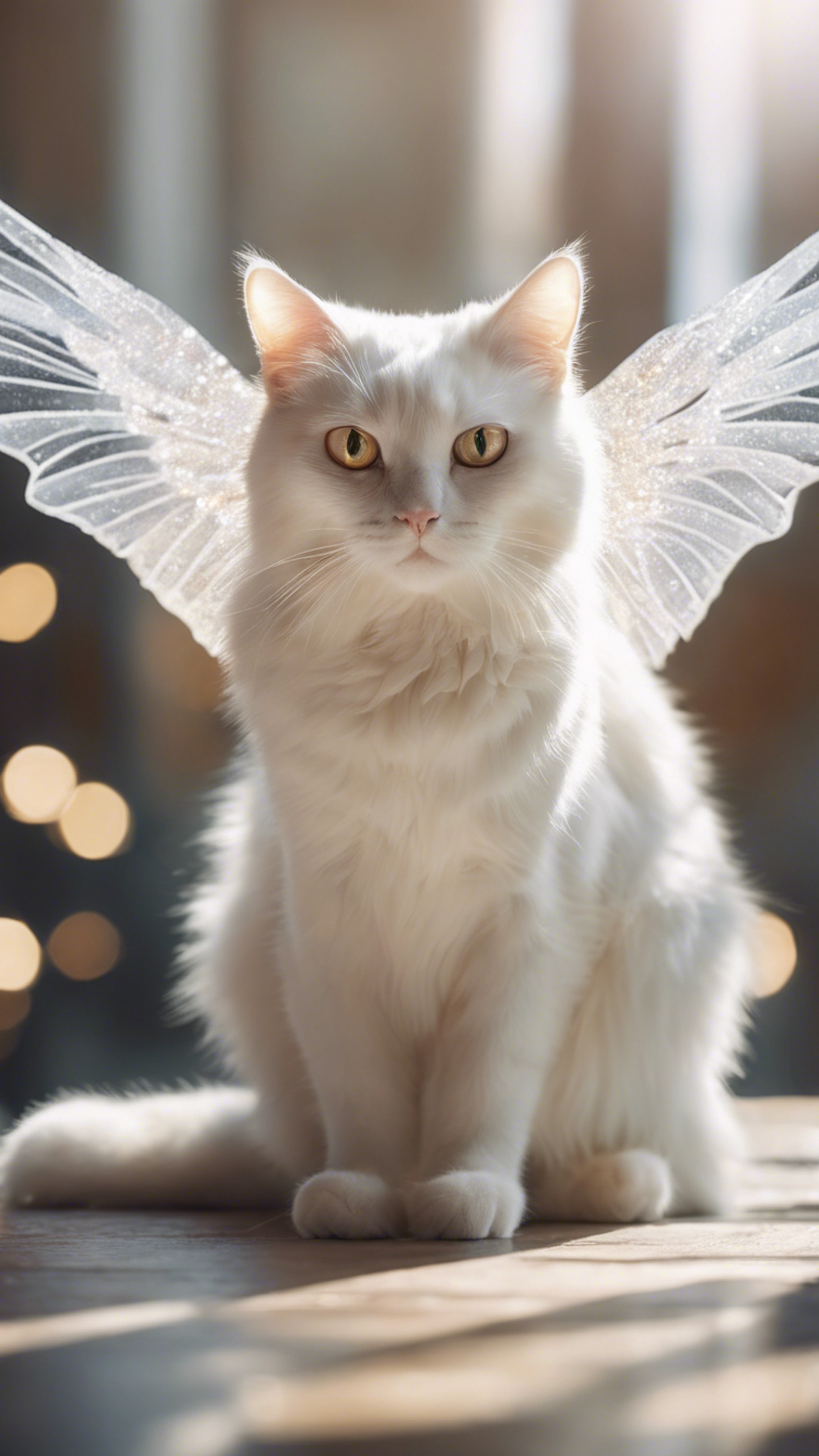 An angelic white cat with shimmering wings of radiant light. 墙纸[3c11d42234a34aa69153]