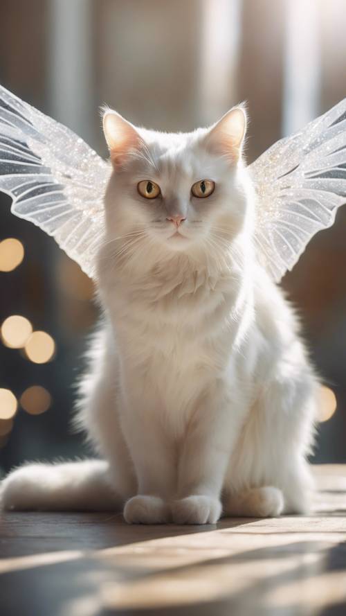 Ангельский белый кот с мерцающими крыльями, сияющими светом.