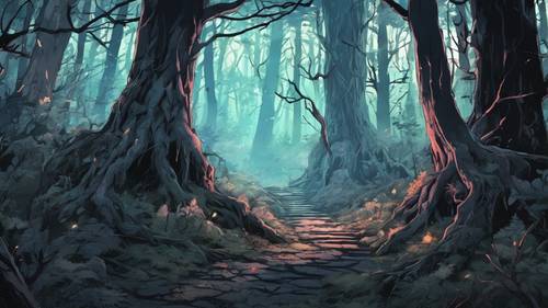 Depiction of a haunted dark forest in an anime style.
