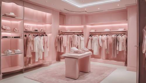 Uma boutique de moda feminina sofisticada com papéis de parede rosa e brancos, provadores e roupas elegantes.