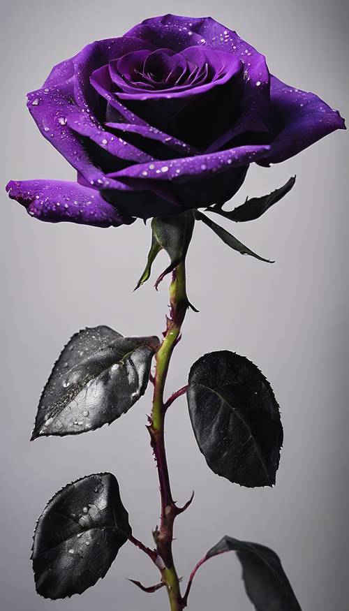Un primer plano de una rosa negra con bordes morados, aislada sobre un fondo blanco.