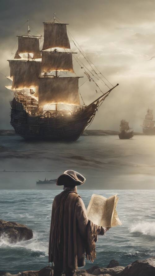 Un pirate fantôme serein, flottant au-dessus de la mer tranquille, tenant une carte ancienne.