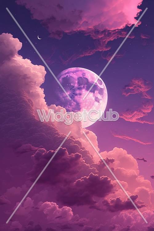Purpurowe marzycielskie niebo z gigantycznym księżycem