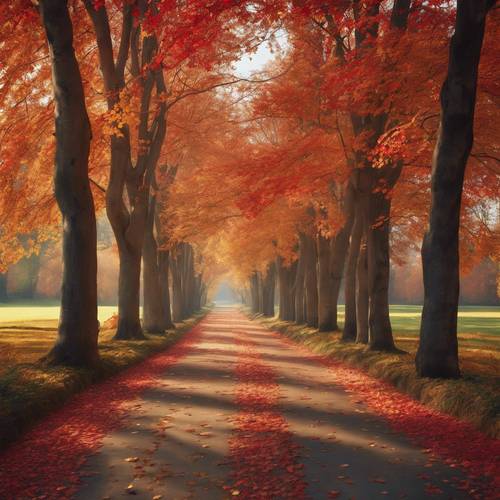 Um caminho convidativo ladeado por árvores em pleno esplendor outonal, com folhas em tons de vermelho e dourado.