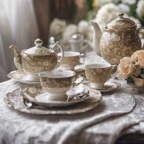 Un service de table pour le thé comprenant un couvre-théière damassé vintage et des serviettes assorties.