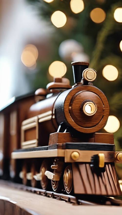 Fascinating scene of a wooden brown toy train chugging around a decorated Christmas tree.