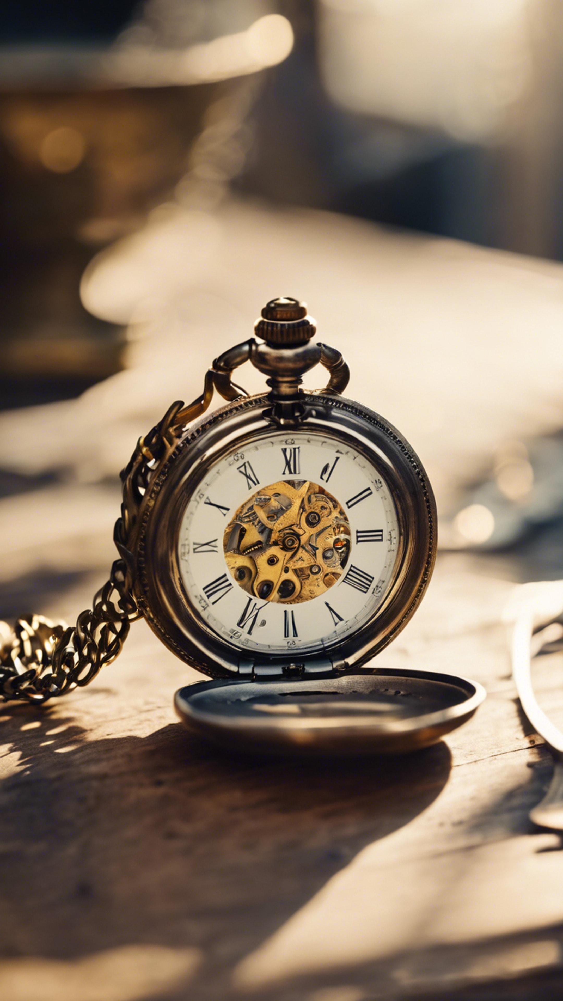 A vintage pocket watch, lying open on an antique table, reflecting the golden rays of afternoon sun. Tapéta[0f0622e1f4f2468db79b]