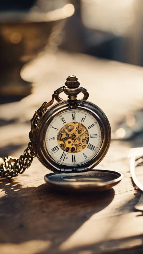 一块古董怀表，打开着，放在一张古董桌上，反射着午后阳光的金色光芒。
