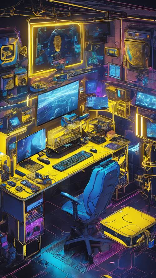 高端的蓝色和黄色游戏设置，配有多个显示器、 LED 灯和游戏设备。