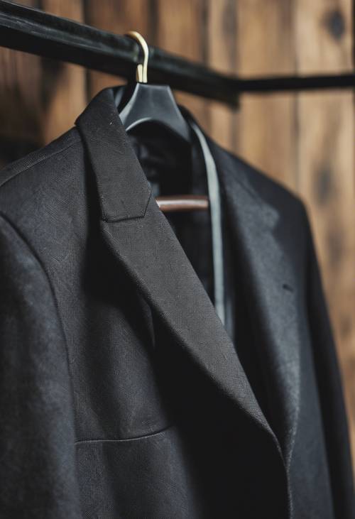 Un&#39;inquadratura ravvicinata di una giacca vintage nera su una gruccia di legno.