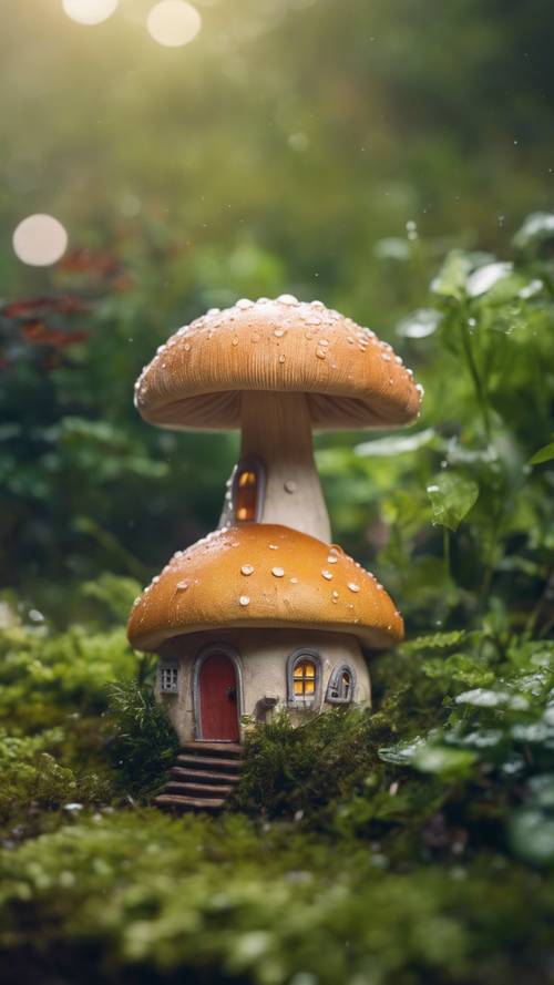 Una casa per funghi grande quanto un criceto immersa in un rigoglioso giardino, ricoperta di rugiada mattutina.