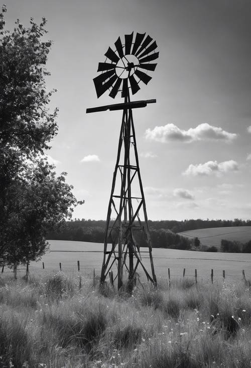 Eine alte, rustikale Windmühle, die allein in einer Landschaft steht, in Schwarzweiß dargestellt.