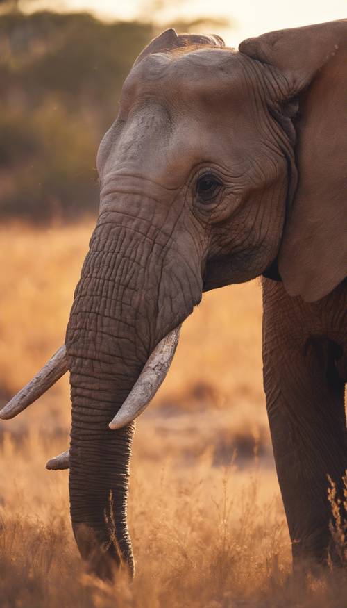 Un elefante anziano e dall&#39;aspetto saggio in una tranquilla savana al tramonto.
