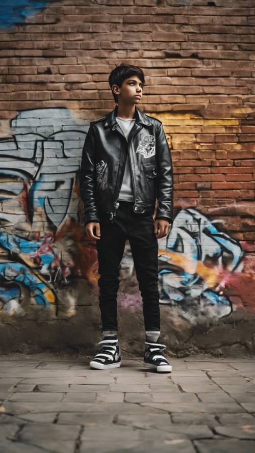 Um adolescente nervoso, vestido com uma jaqueta de couro, encostado em uma parede de tijolos grafitados, com um skate aos pés.