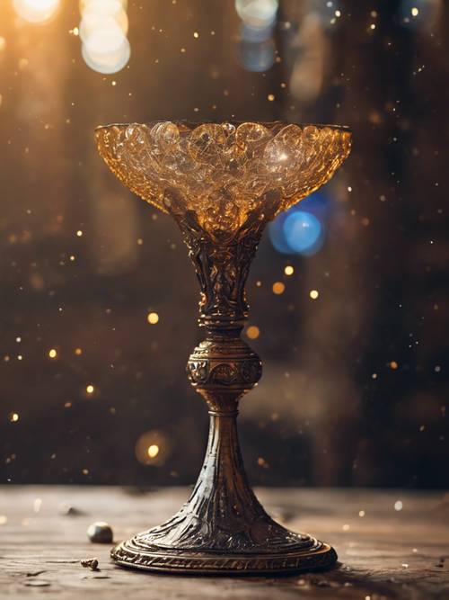 A magical chalice, filled with a sparkling elixir, resting on an antique wooden table in a secluded wizard's den.