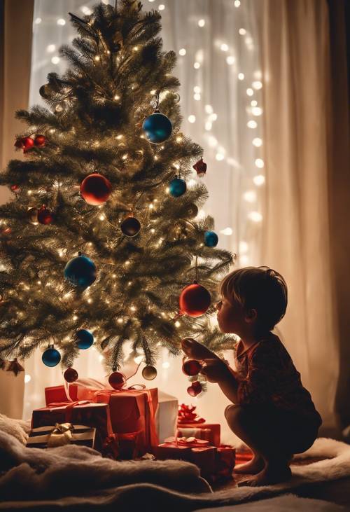 クリスマスの朝に目を覚ます子どものシルエット。ツリーの下にサンタのプレゼントを見て大喜び！