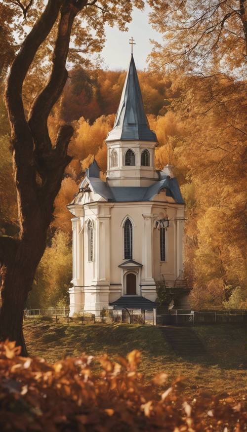 A peaceful Christian church nestled in a beautiful autumn landscape.