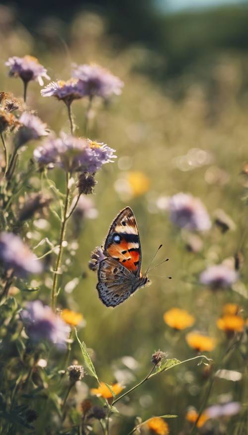 Một con bướm bay lượn giữa những bông hoa dại trên đồng cỏ ngập nắng, lan tỏa cảm giác yên bình.