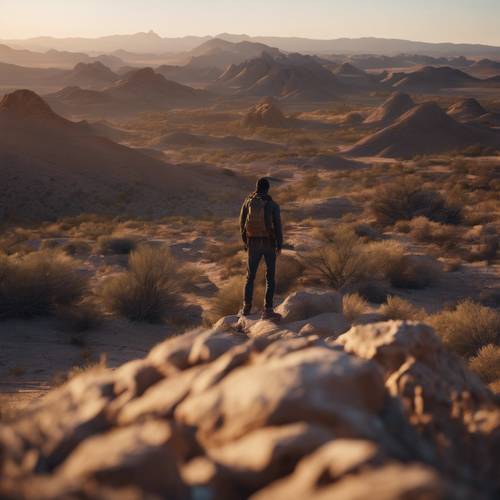黄昏时分，徒步旅行者站在岩石山顶上欣赏广阔的沙漠景观。