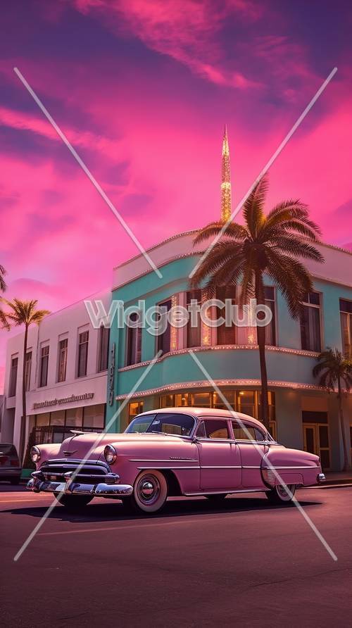 복고풍 도시 장면의 핑크 스카이와 클래식 자동차