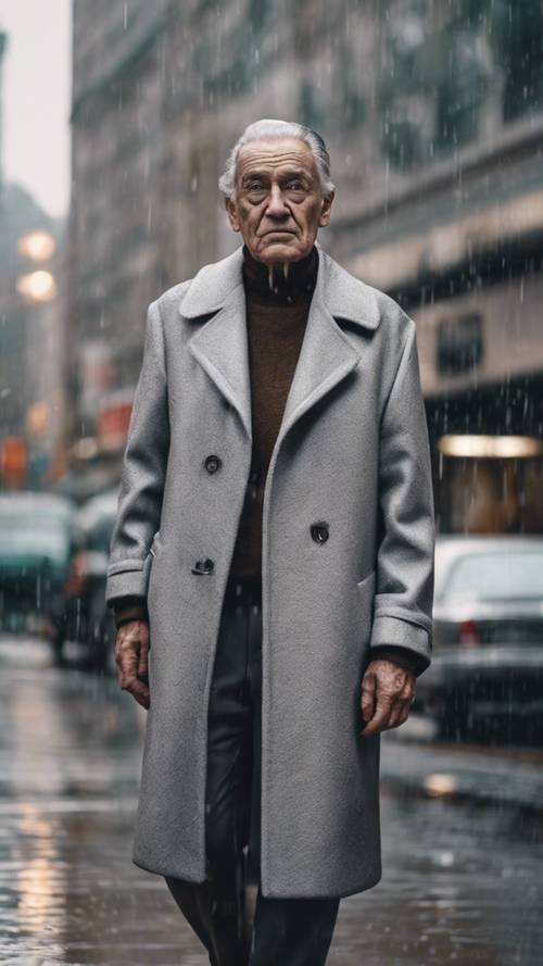 A portrait of an elder wearing a stylish light gray swing coat, with the city streets reflected on a rainy day.