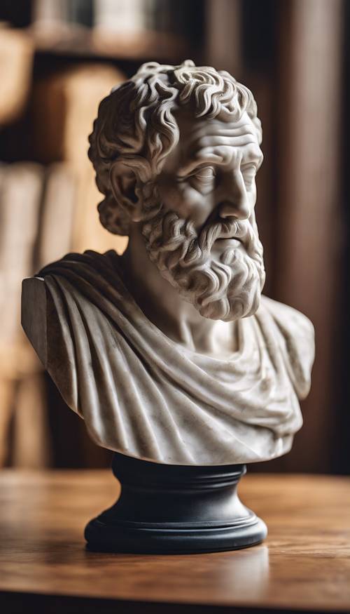 Un busto in marmo di un antico filosofo romano seduto su un tavolo di quercia lucida.