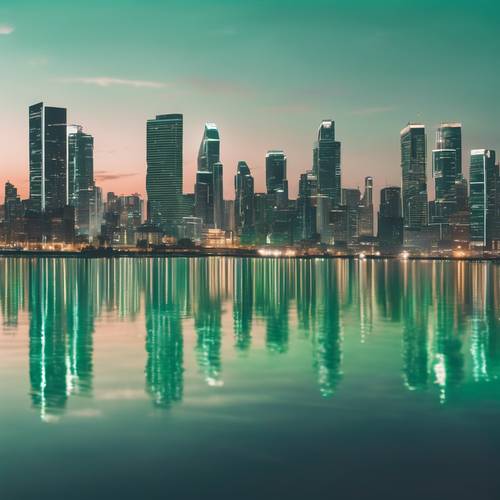 A night city skyline reflecting off a smooth mint green sea.