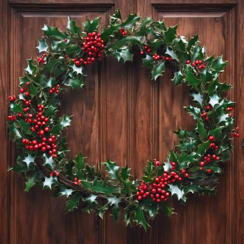 Karangan bunga holly dan mistletoe metalik bersinar di pintu kayu selama Natal.