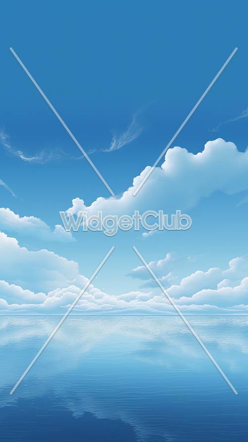 Blue Sky and Fluffy Clouds Over Calm Sea
